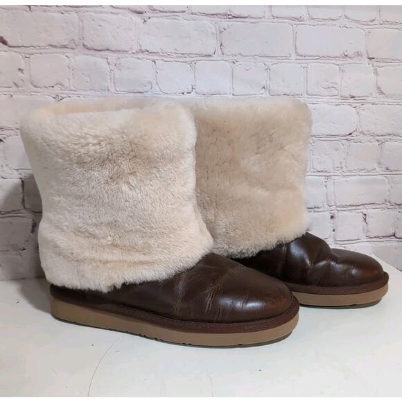 UGG Australia Boots Patten Shearling Cuff Women’s Sz 8 Dark Chestnut Leather - Picture 1 of 15